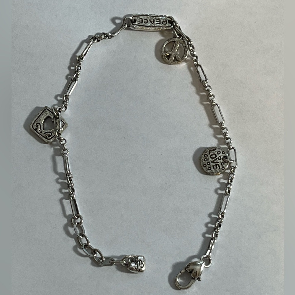 Silver-tone Peace and Love Brighton Bracelet, approximately 10 inches long